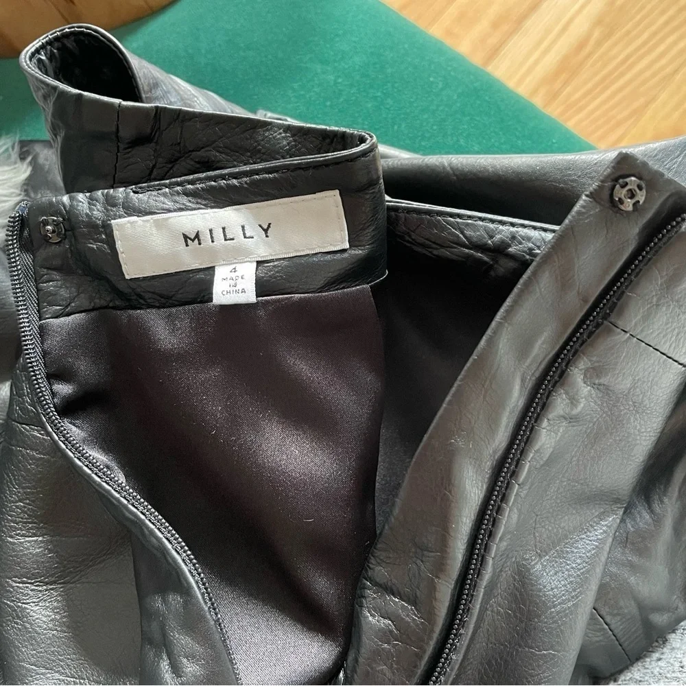 Milly Black Calf Leather Knee Length Back Vent Pencil Skirt Size 4